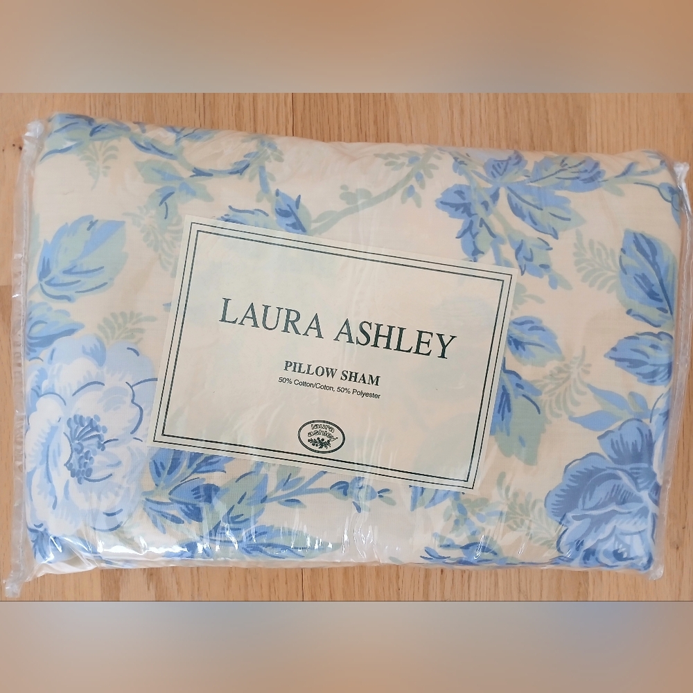 Laura Ashley Blue & Pale Yellow Floral Standard Pillow Sham 20"X26" New In Pack